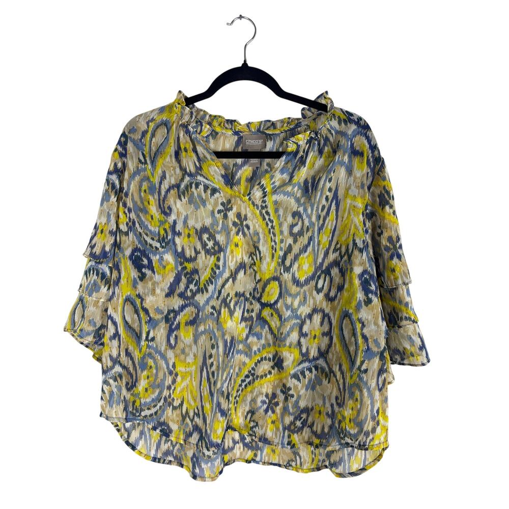 NWT Chico’s Size 3 XL Paisley Metallic Ruffle Sleeve Blouse